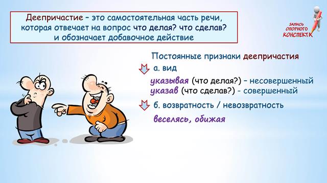 Постоянные признаки деепричастия избирая. Деепричастие это от какие признаки частей речи. Быть деепричастие.